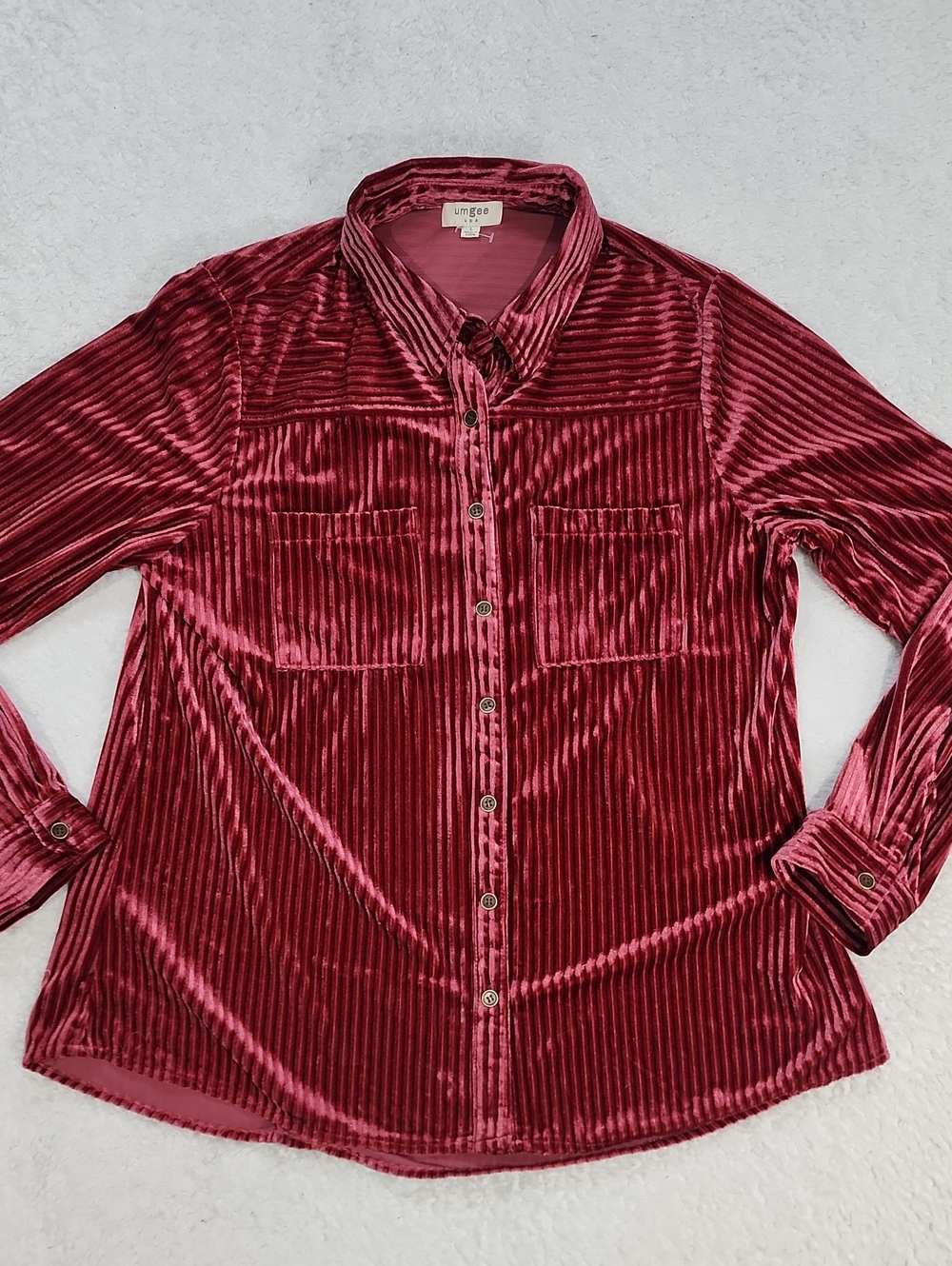 Umgee Women's Red Velvet Striped Boho Textured Long Sleeve Button Down Shirt
